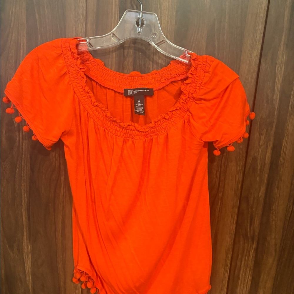 INC International Concepts Bright Orange Blouse with Pom-Pom Details